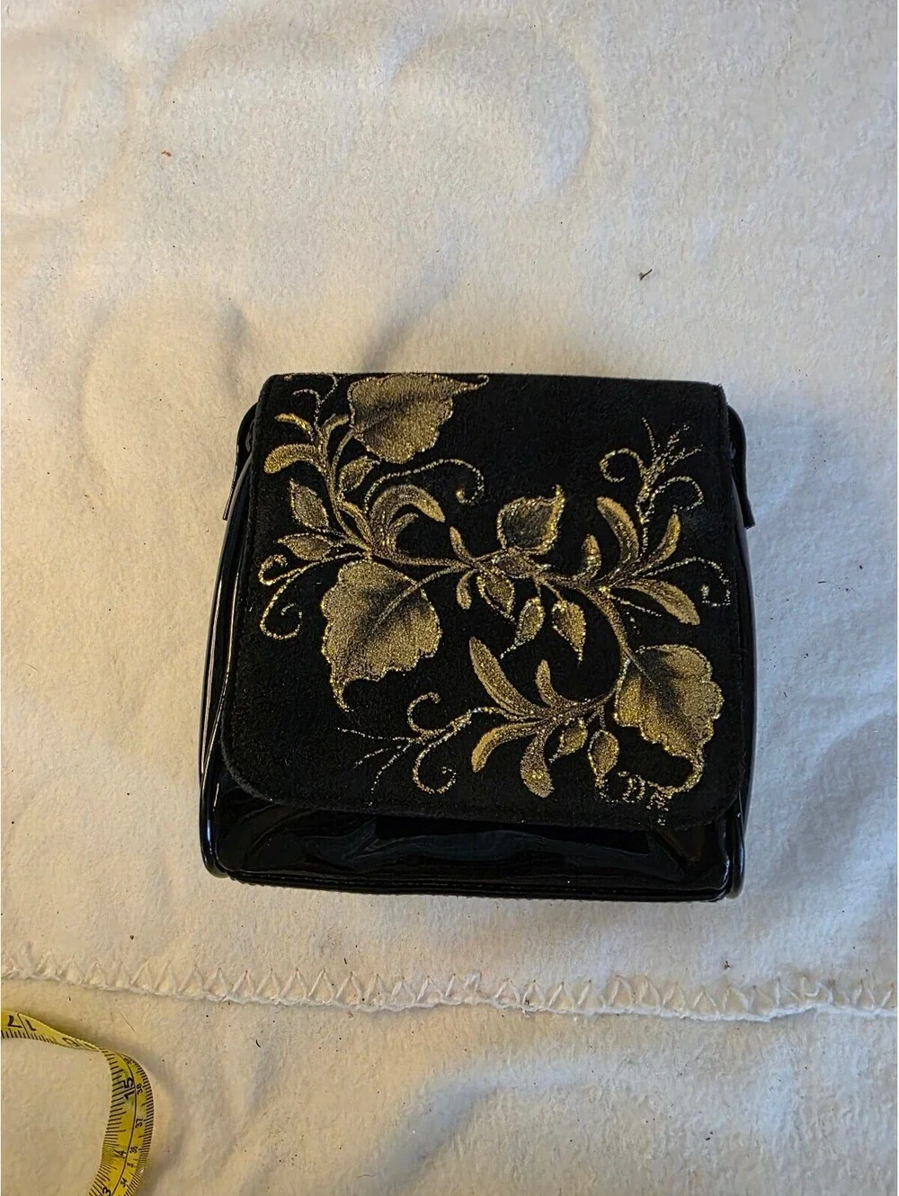 Vintage Maggie Lawrence Black Gold Floral Mini Crossbody Bag Patent 90s